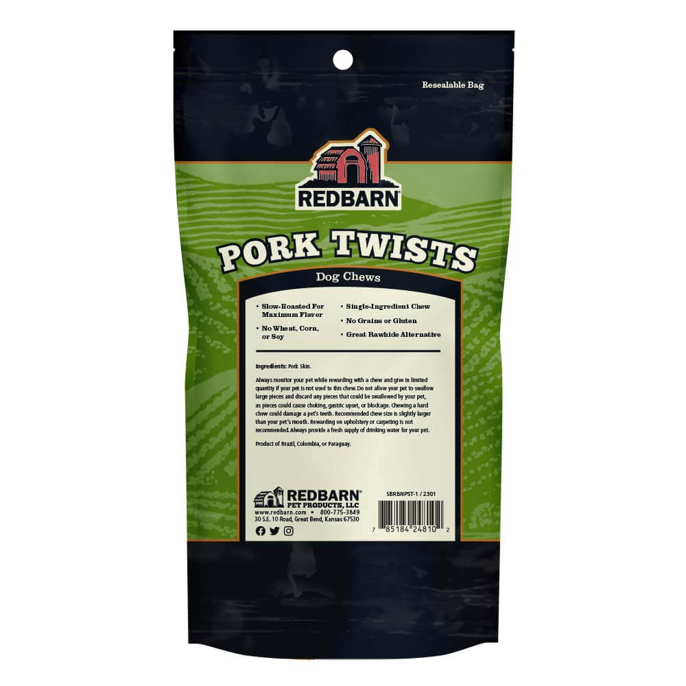 Redbarn Pork Twists back of the pack showcasing the Ingredients, Guaranteed Analysis, Calorie Content, Feeding Guide and Safety