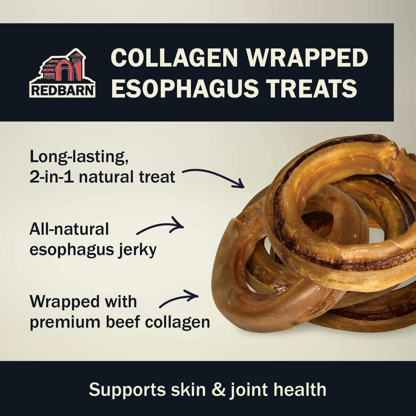 An image which explains the features of the Collagen wrapped Esophagus treats. Long-lasting, 2-in-1 natural treat. All-natural Esophagus jerky. Wrapped with Premium beef collagen.
Supports skin & joint health.