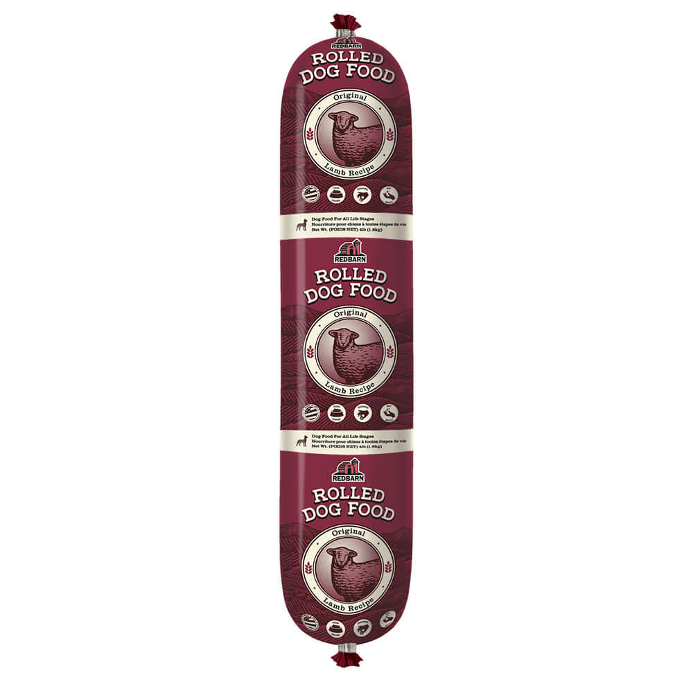 A roll of semi-moist dog food with the brand name and information about the product printed on the packaging.