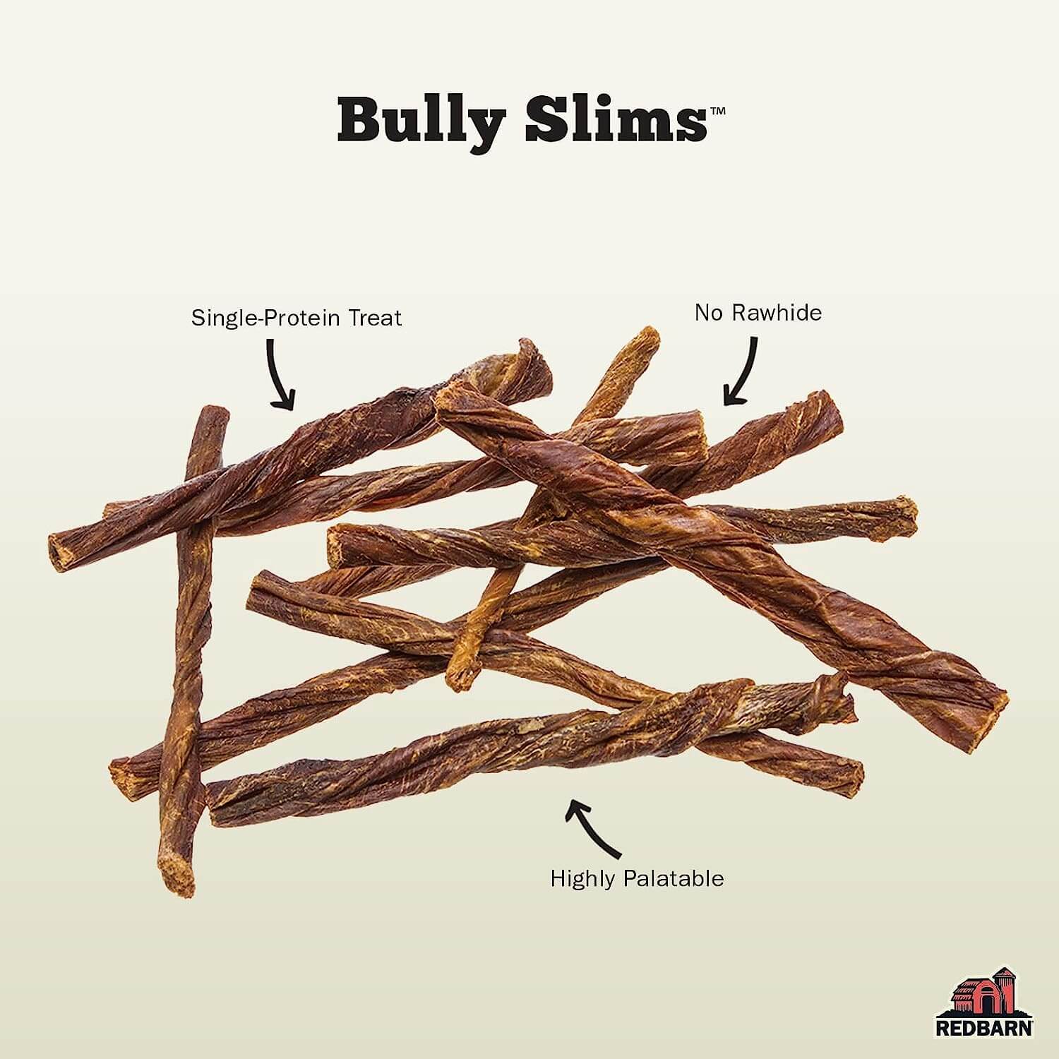 Bully Slims dog treats with features highlighted on a beige background