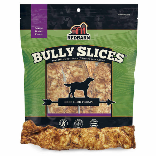 Package of Redbarn Bully Slices dog treats with a single treat in front of it.