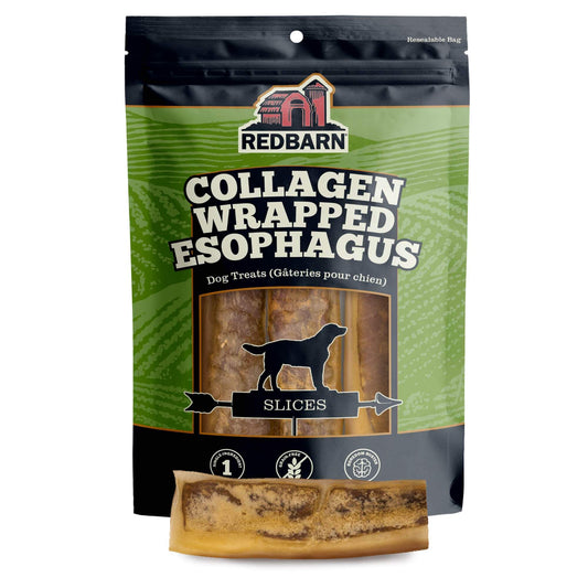 Product image of the Redbarn Collagen Wrapped Esophagus Slice in a Green and black product bag.