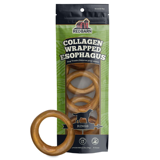 Product image of the Collagen Wrapped Esophagus Rings in a green & back product pack. 