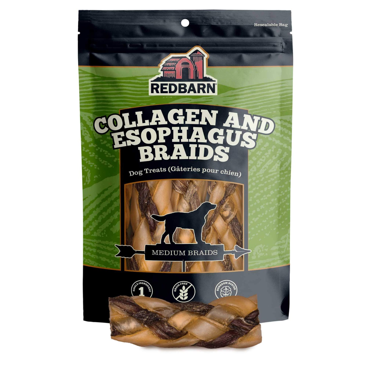 Product image of the Redbarn Collagen Wrapped Esophagus Medium Braids in a Green and black product bag.