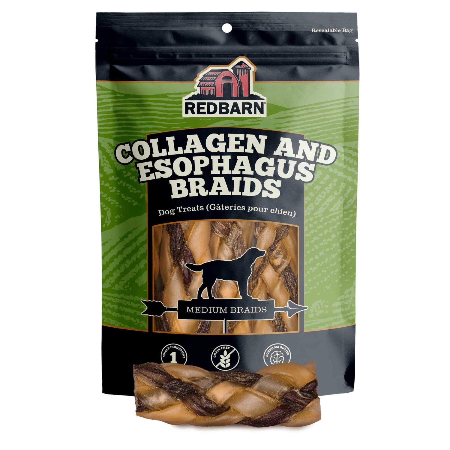 Product image of the Redbarn Collagen Wrapped Esophagus Medium Braids in a Green and black product bag.