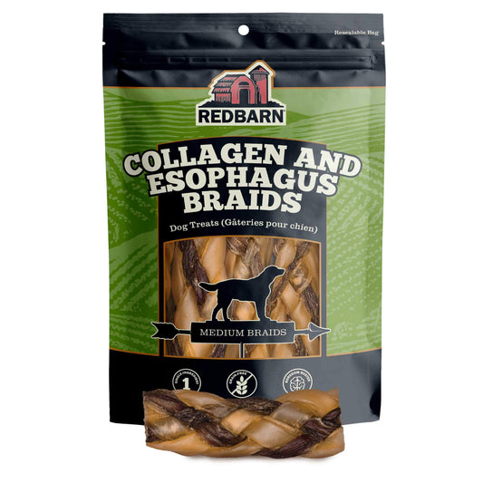 Product image of the Redbarn Collagen Wrapped Esophagus Medium Braids in a Green and black product bag.