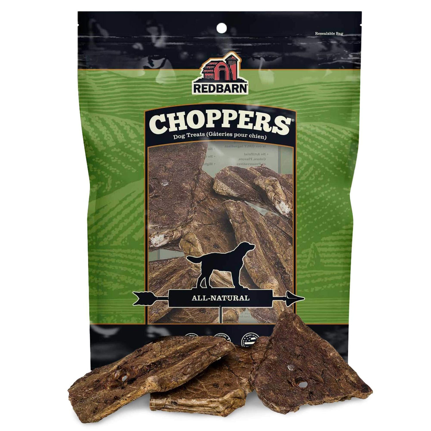 Redbarn Choppers dog treats packaging with green background