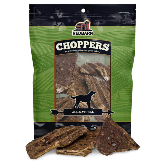 Redbarn Choppers dog treats packaging with green background