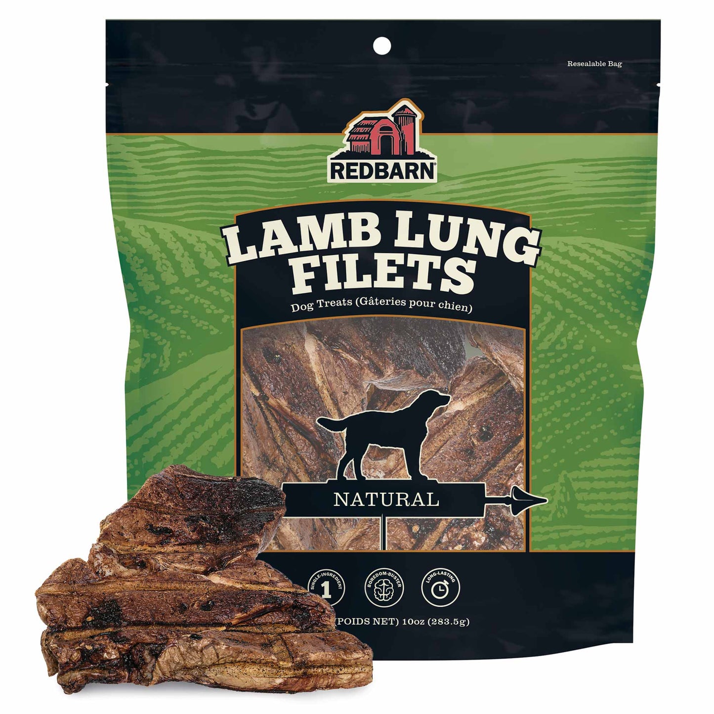 Package of Redbarn Lamb Lung Filets dog treats with treats in front of the package.