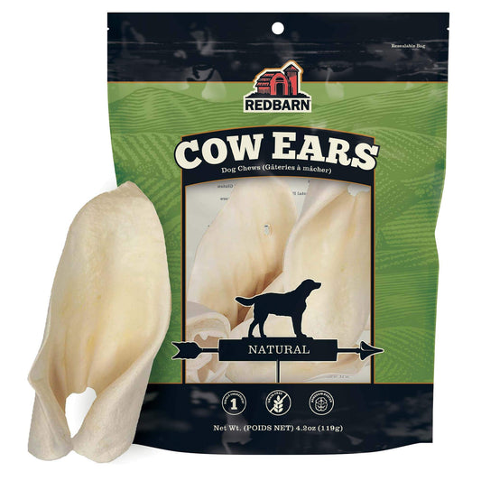 Redbarn Cow Ears dog chew packaging with a single cow ear in front.