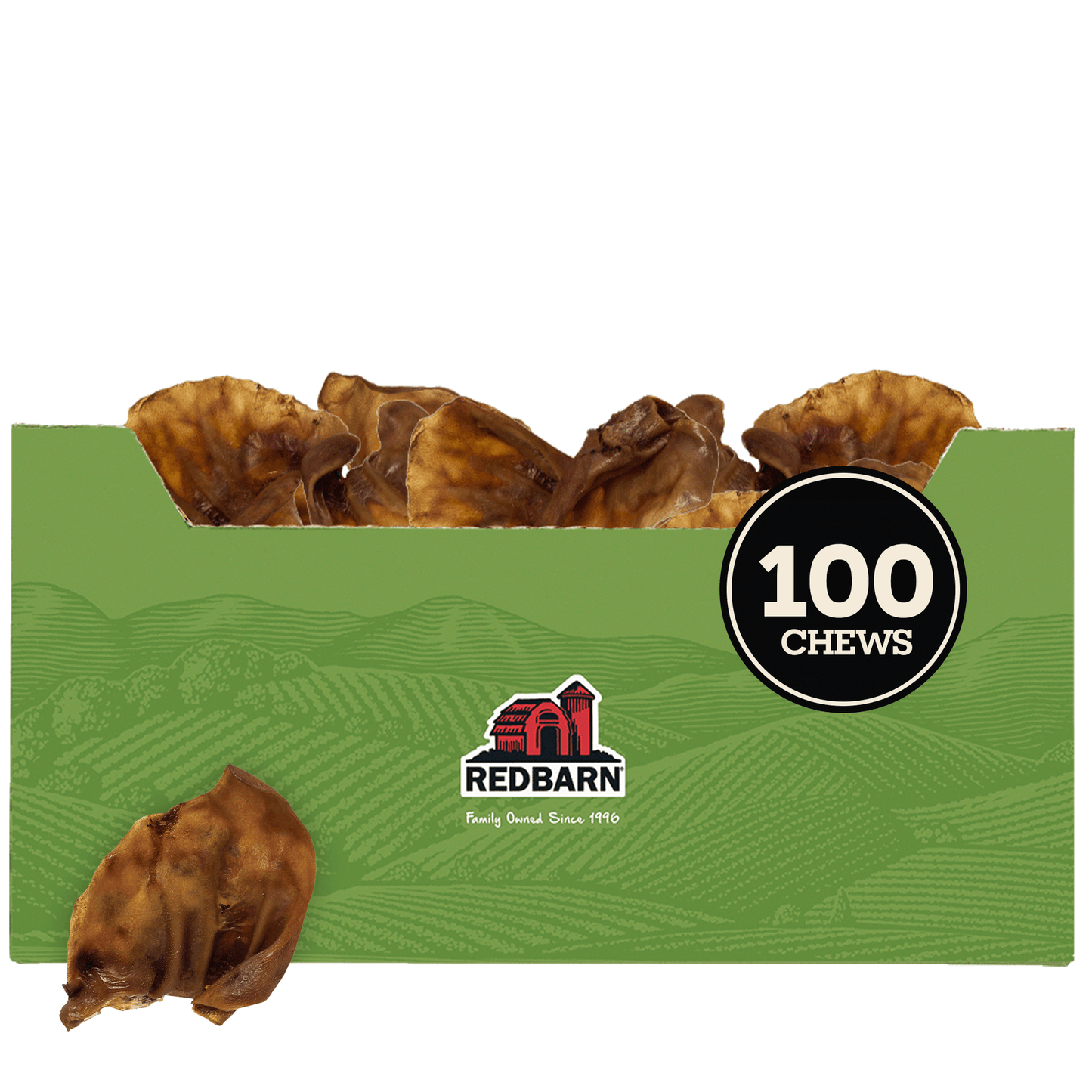 A big green box of 100 Redbarn smoked pig ears.