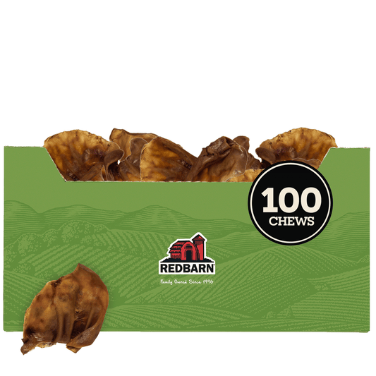 A big green box of 100 Redbarn smoked pig ears.