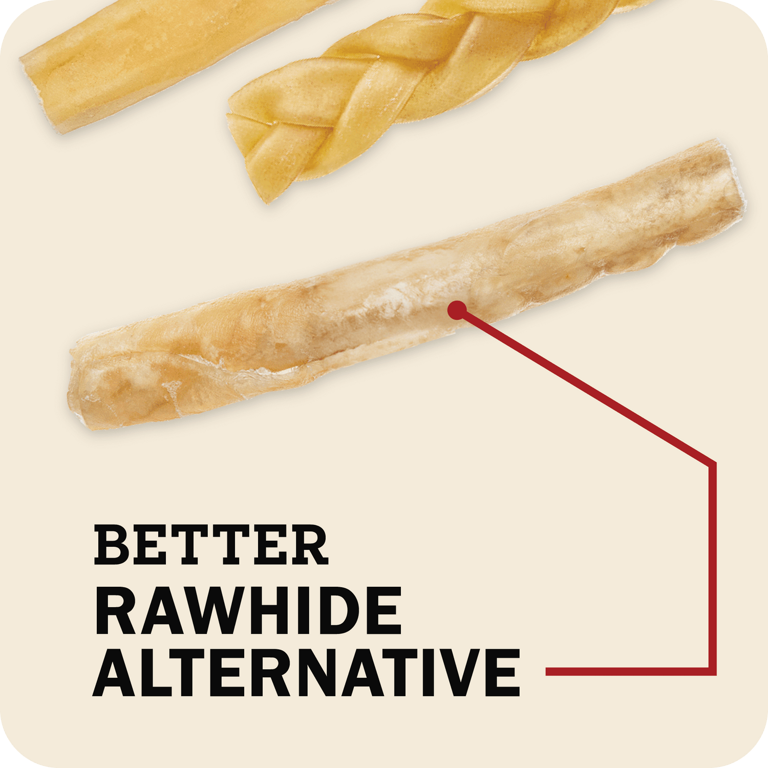 A Redbarn collagen stick in the center with different collagen chews in the background with a title that reads, 'Better rawhide alternative.'