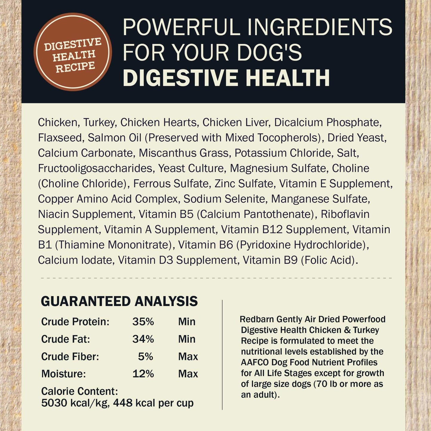 Ingredients Guaranteed Analysis for the Air Dried Powerfood Digestive Health Chicken & Turkey Recipe