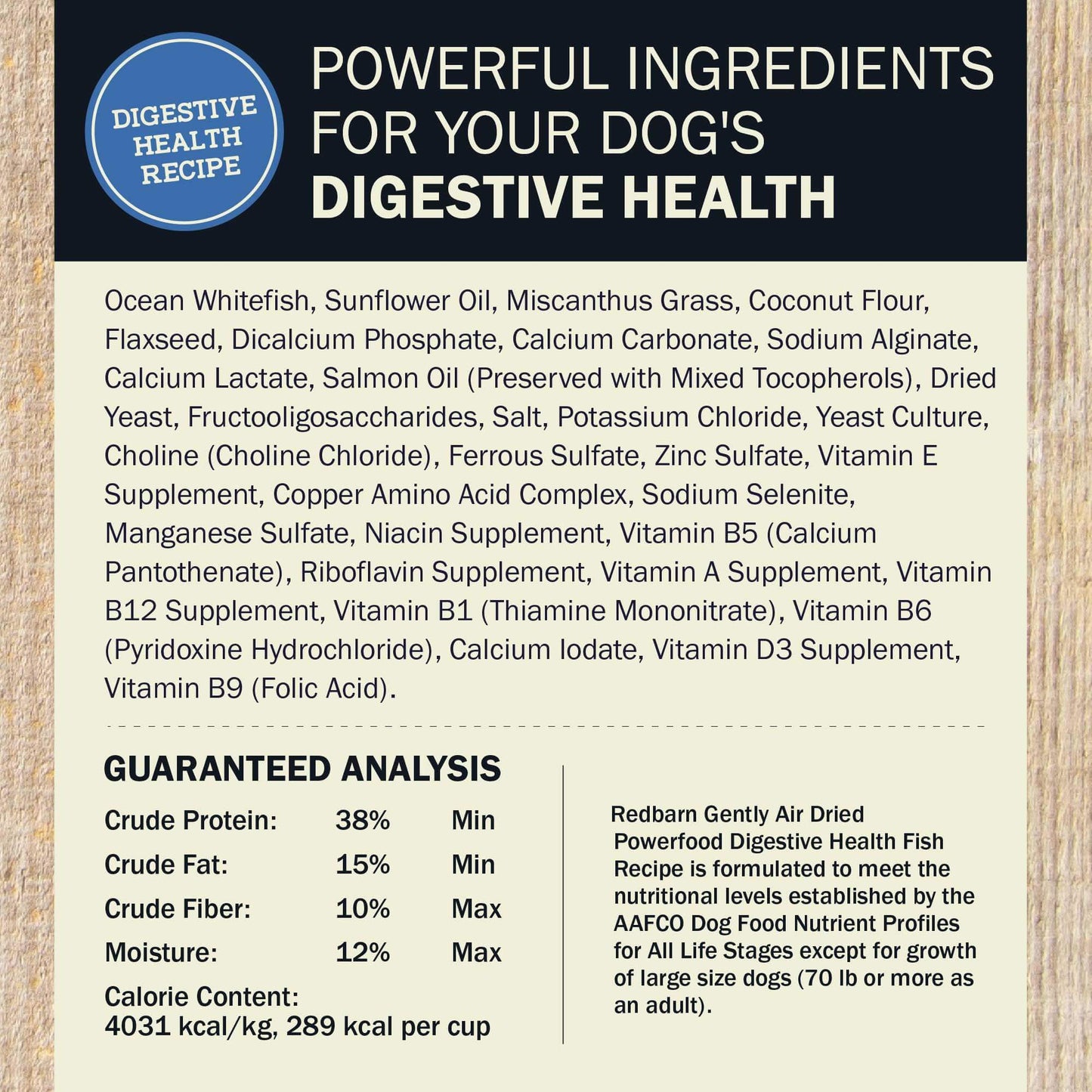 Ingredients Guaranteed Analysis for the Redbarn Air Dried Powerfood Digestive Health Fish Recipe