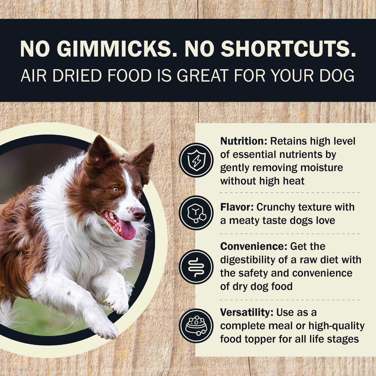 Dog with text about air dried dog food benefits on a wooden background