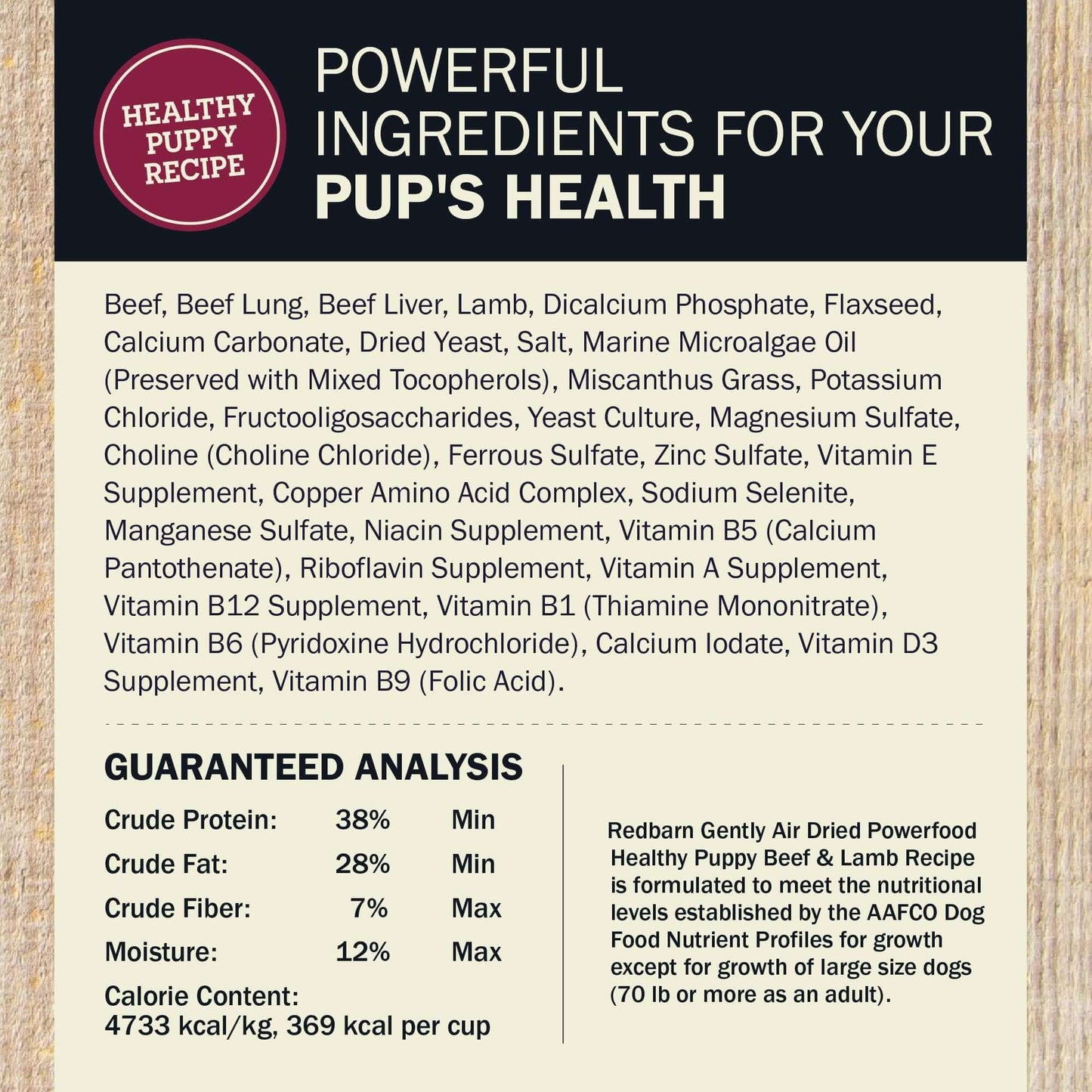 Ingredients & Guaranteed Analysis for the Redbarn Air Dried Powerfood Healthy Puppy Beef & Lamb Recipe