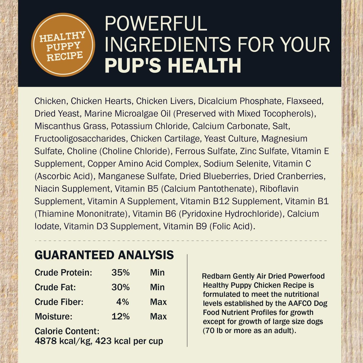 Ingredients & Guaranteed Analysis for the Redbarn Air Dried Powerfood Healthy Puppy Chicken Recipe