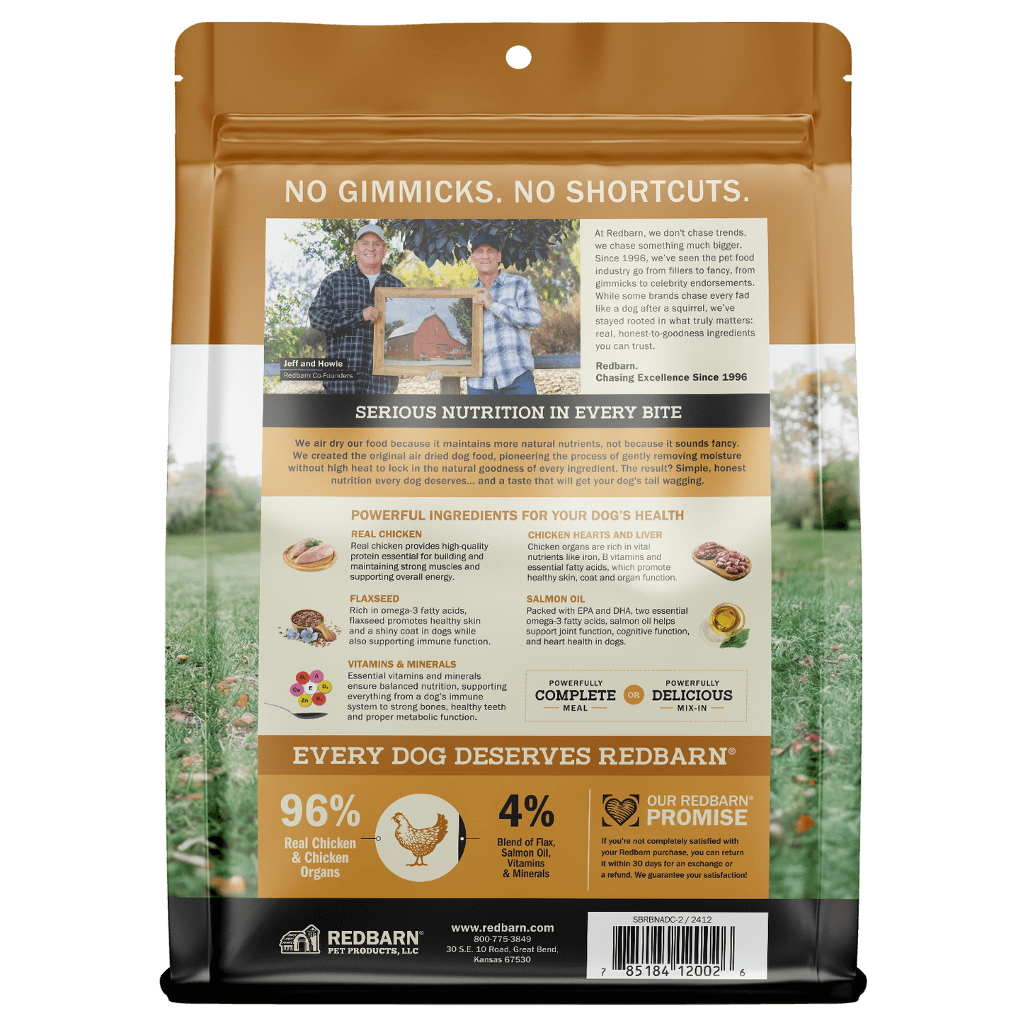 Redbarn pet food packaging with branding and product details on a white background