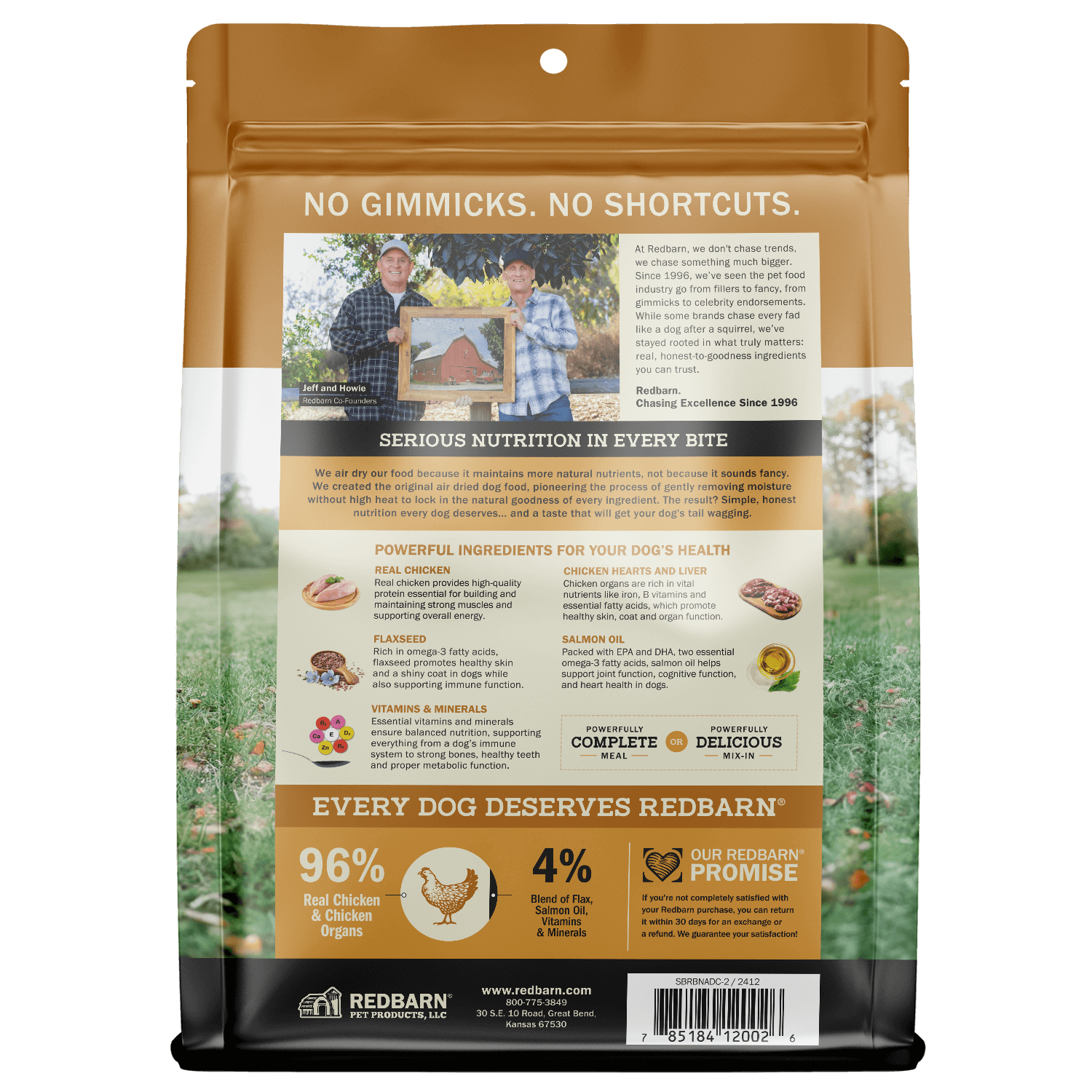 Redbarn pet food packaging with branding and product details on a white background