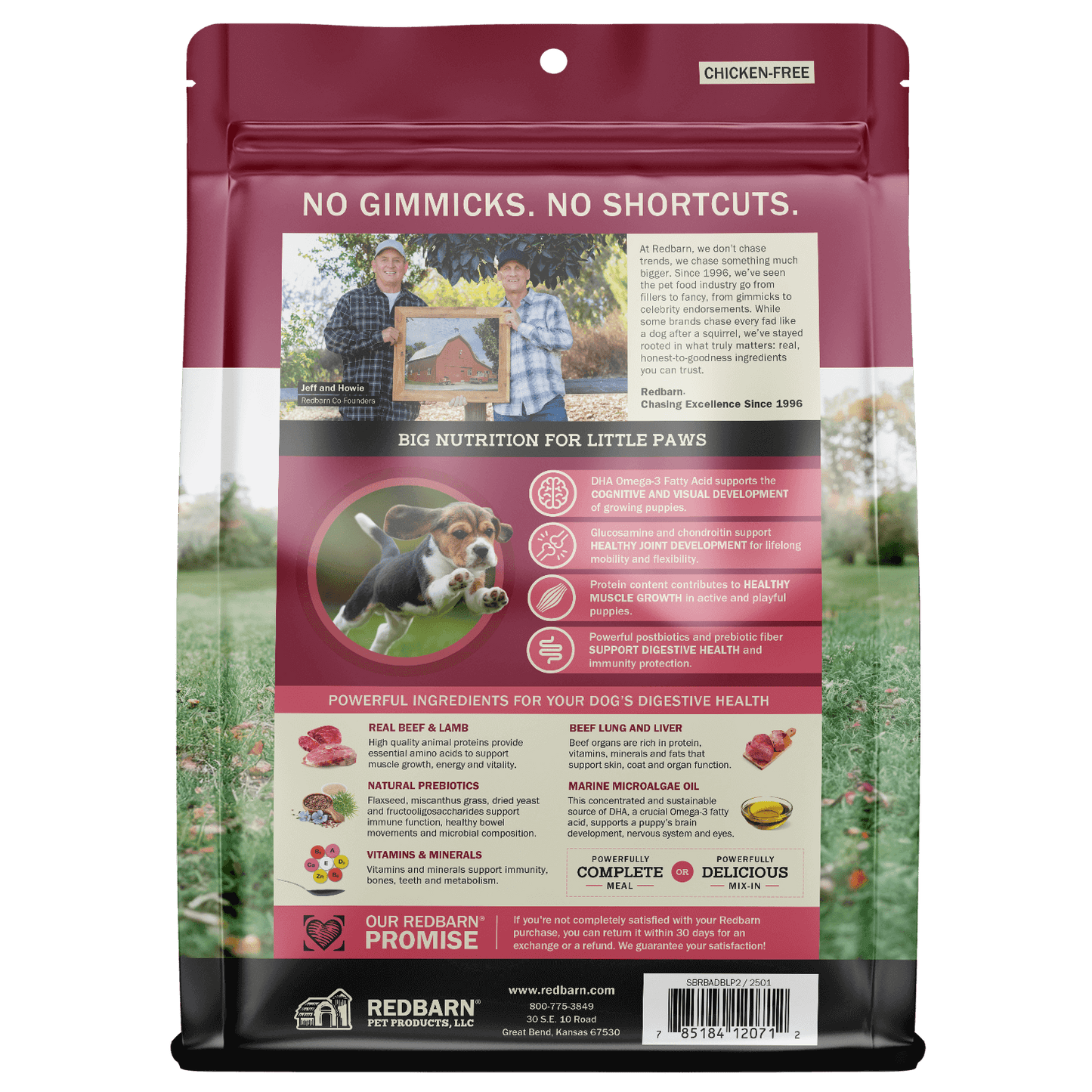 Back Cover of the Redbarn Air Dried Powerfood Healthy Puppy Beef & Lamb Recipe 