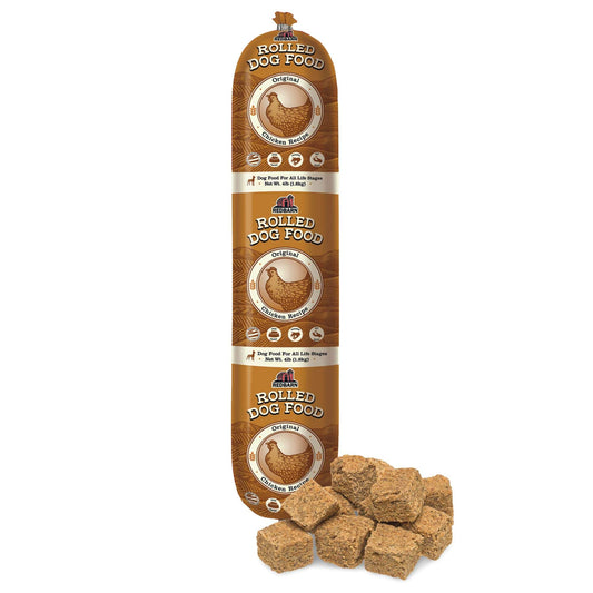 Rolled dog food package with pieces on a white background