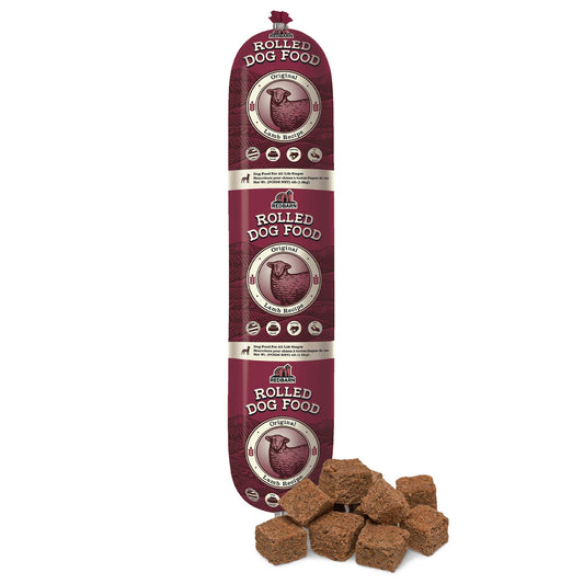 Rolled dog food package with small brown dog food rolls on a white background